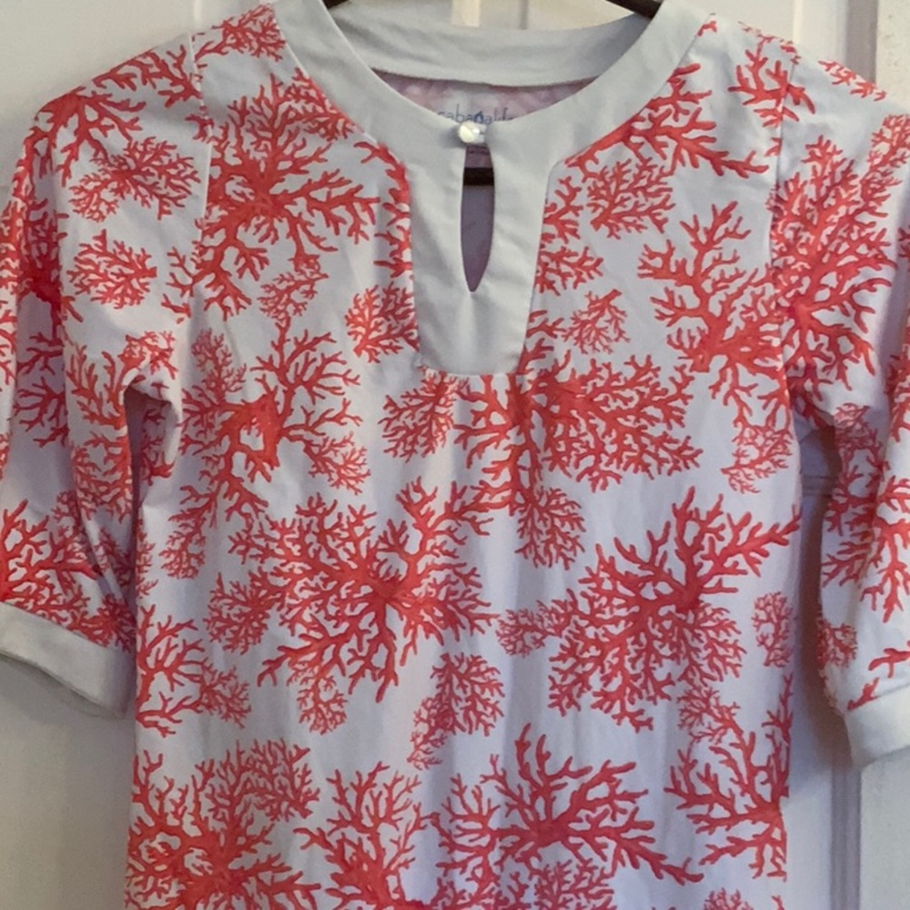 Cabana Life Girls White and Coral Reef Print Swim Coverup in size 12